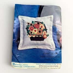Vintage 70's Spinnerin Crewel Basket of Flowers Pillow Kit Creative Craft ST 131